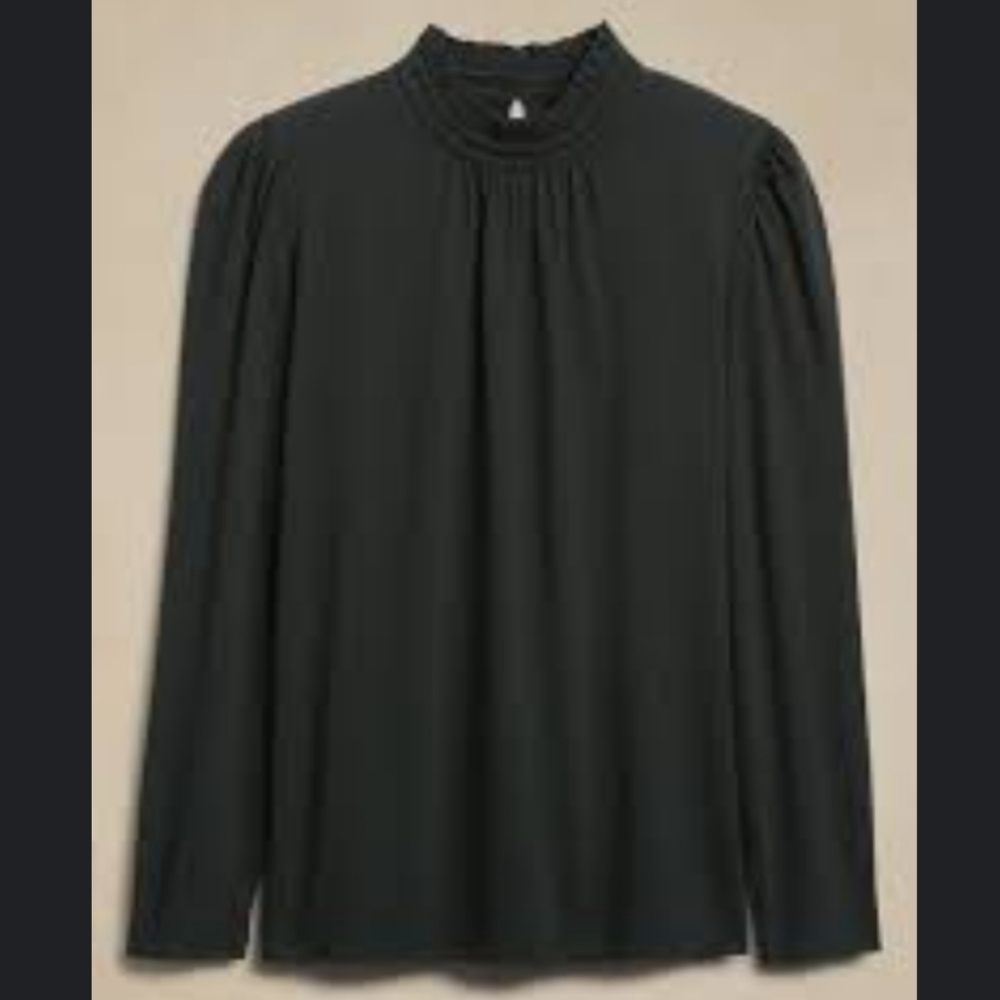 Banana Republic Dark Green Long Sleeves Ruffle-Mock Neck Top Women's Size S